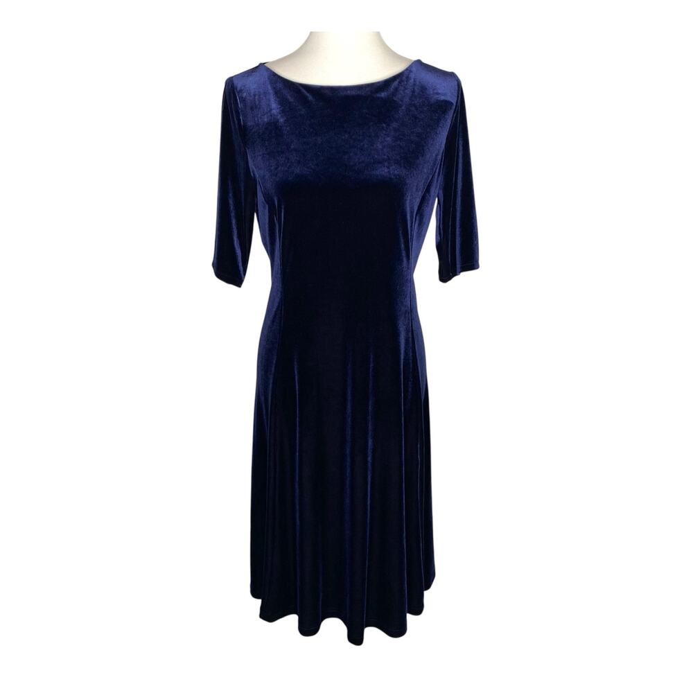 Lands' End Dress Blue Velvet Elbow Sleeve Fit Flare Medium 10-12 Goth Witchy